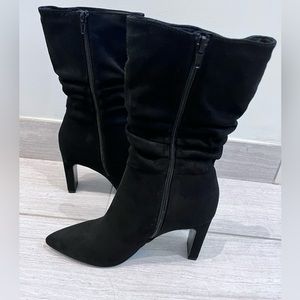 Black suede ruched heeled boots. Chinese Laundry.